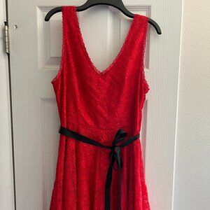 Express Red Lace Sleeveless Dress with Black Ribbon Belt